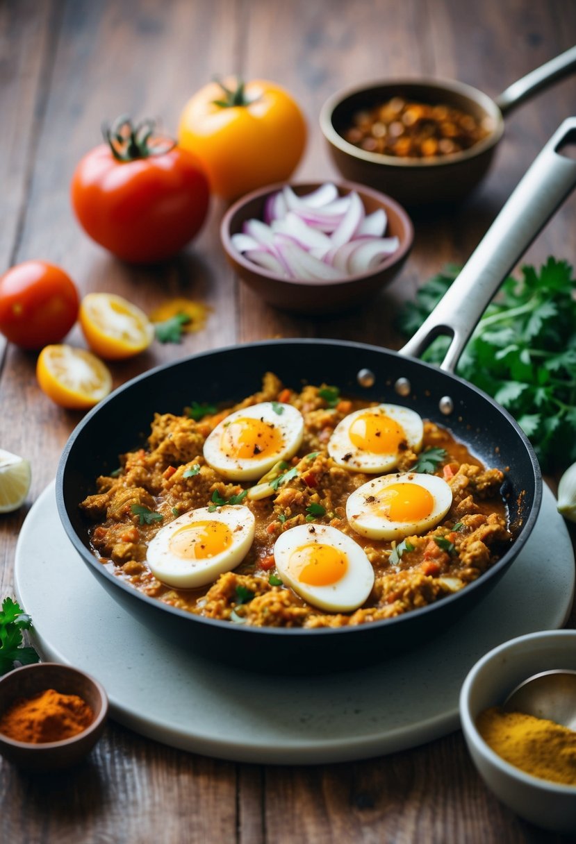 A sizzling pan of spiced egg keema simmering with tomatoes, onions, and aromatic Indian spices