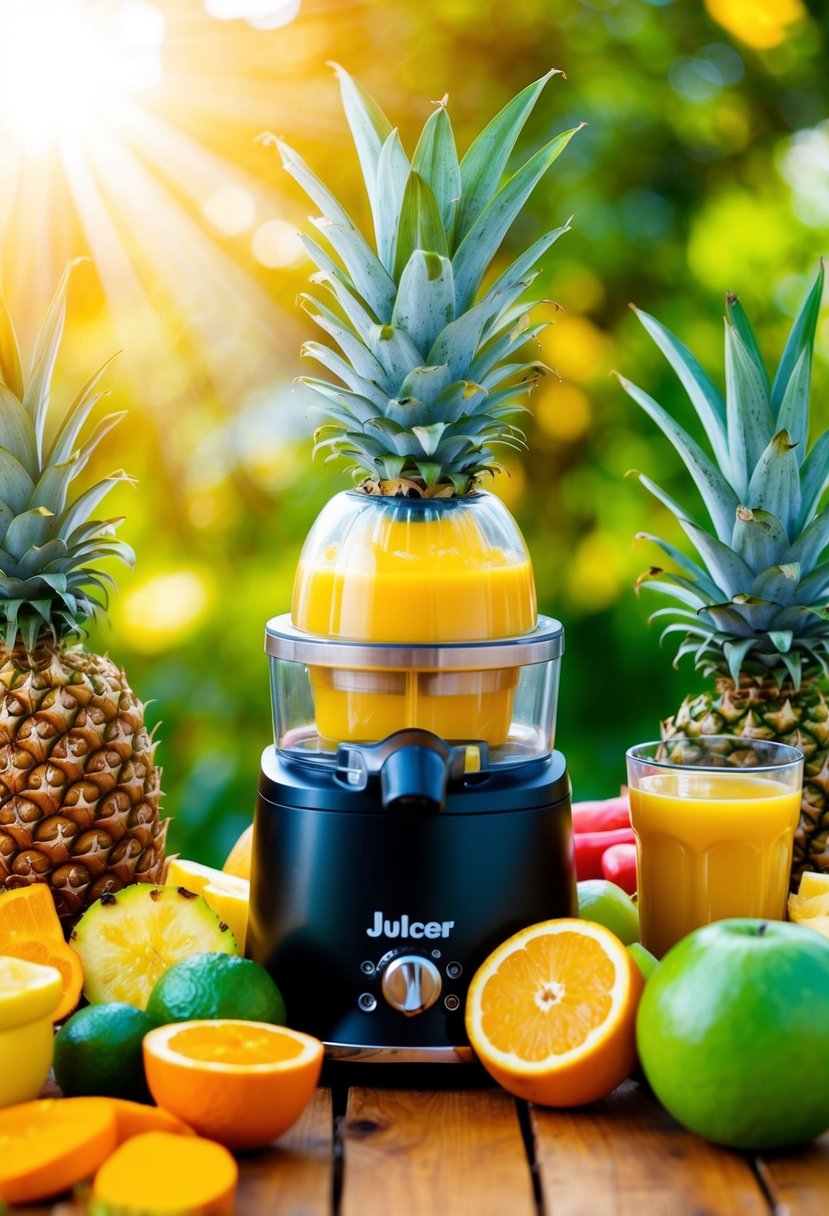 A vibrant tropical scene with turmeric, pineapple, and other fruits and vegetables arranged around a juicer. Sunshine and energy radiate from the colorful ingredients