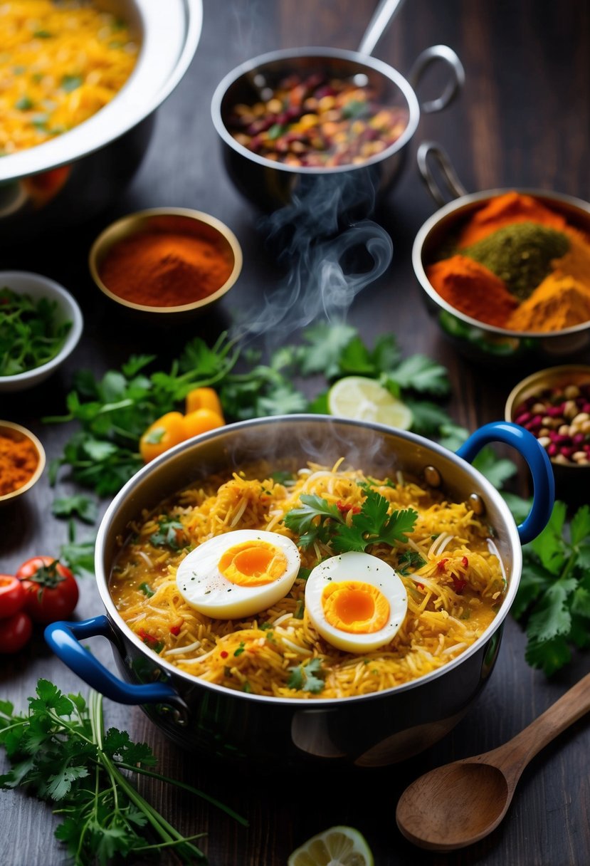 A steaming pot of fragrant Egg Biryani surrounded by vibrant Indian spices and herbs