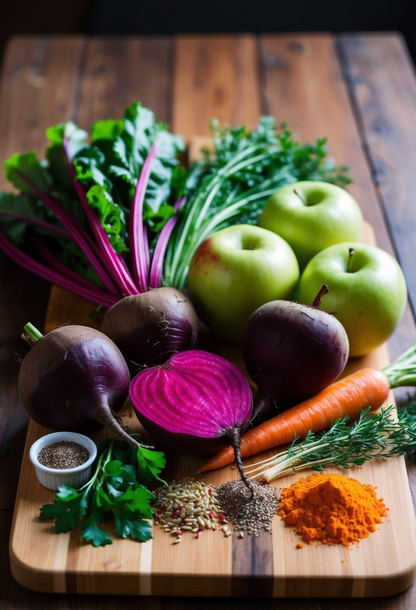 A vibrant assortment of fresh beetroots, apples, and carrots, along with a selection of energizing herbs and spices, sit on a wooden cutting board