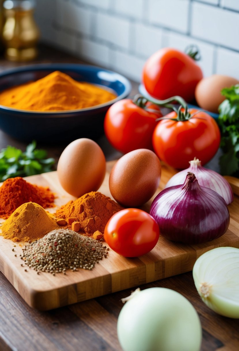 A vibrant kitchen scene with various Indian spices, eggs, tomatoes, and onions on a wooden cutting board