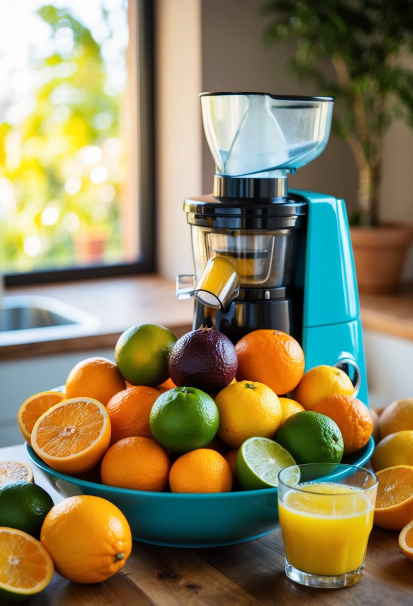 A vibrant, overflowing bowl of assorted citrus fruits, a juicer, and a glass of zesty, freshly-squeezed juice