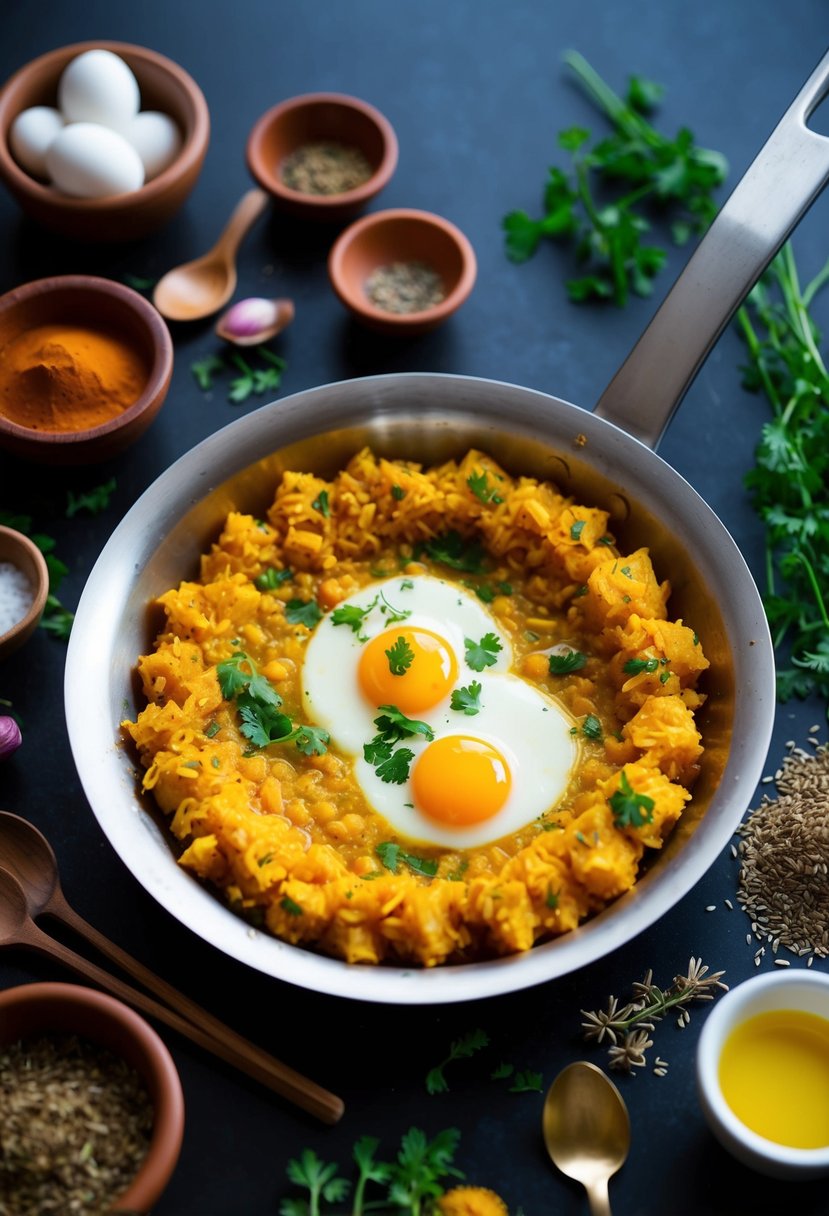 A sizzling pan of Pesarattu Upma with Eggs, surrounded by Indian spices and herbs