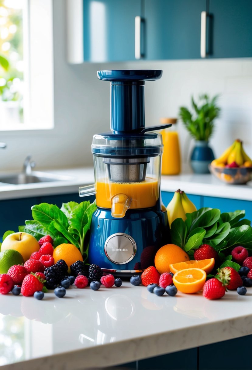 A colorful array of fresh berries, leafy greens, and vibrant fruits arranged around a sleek juicer on a clean, modern kitchen counter