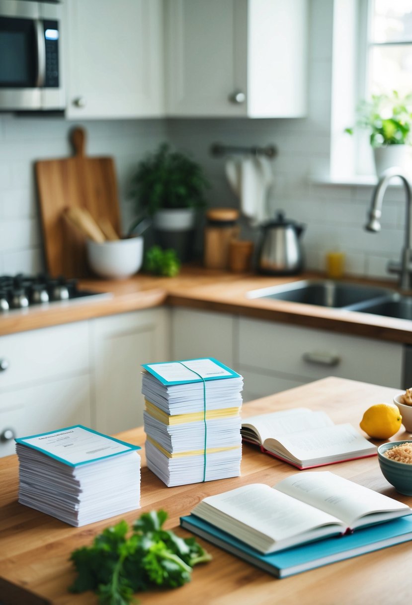 A kitchen counter with a stack of recipe cards, a few open cookbooks, and various ingredients scattered about