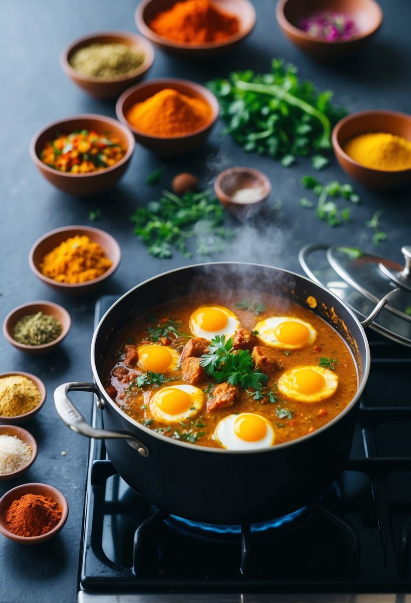 A steaming pot of spicy Egg Vindaloo simmering on a stove, surrounded by vibrant Indian spices and herbs