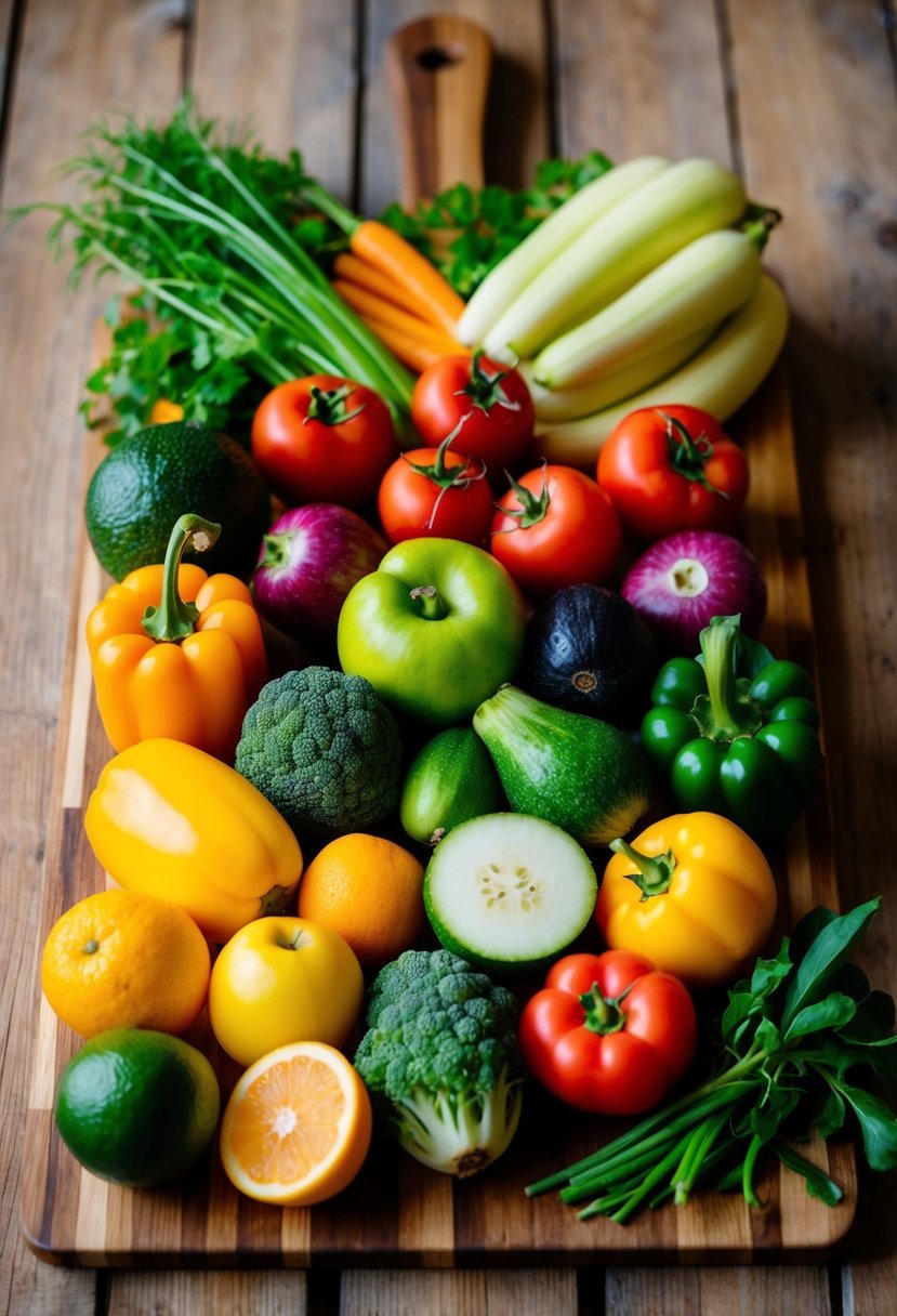 A colorful array of fresh vegetables and fruits arranged on a wooden cutting board, ready to be juiced