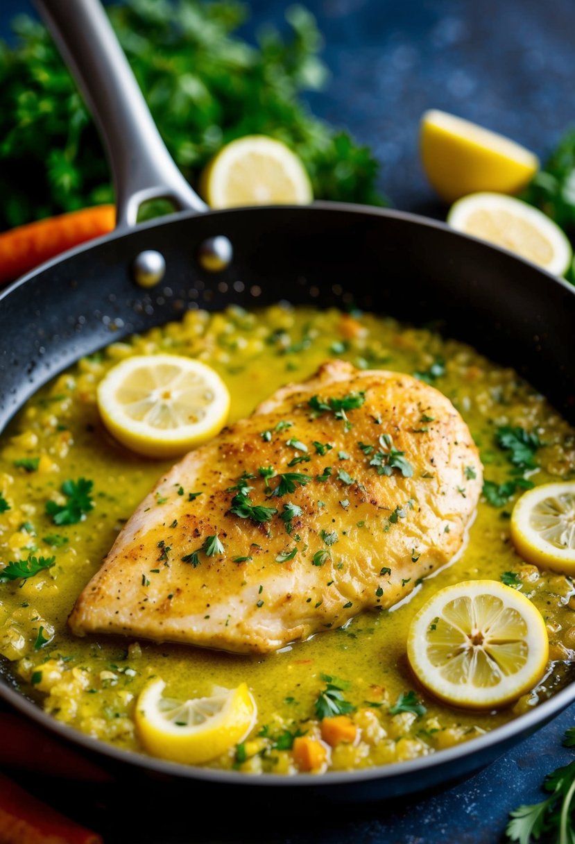 A sizzling skillet holds a bubbling, golden-brown chicken breast in a fragrant lemon garlic sauce, surrounded by colorful vegetables and herbs