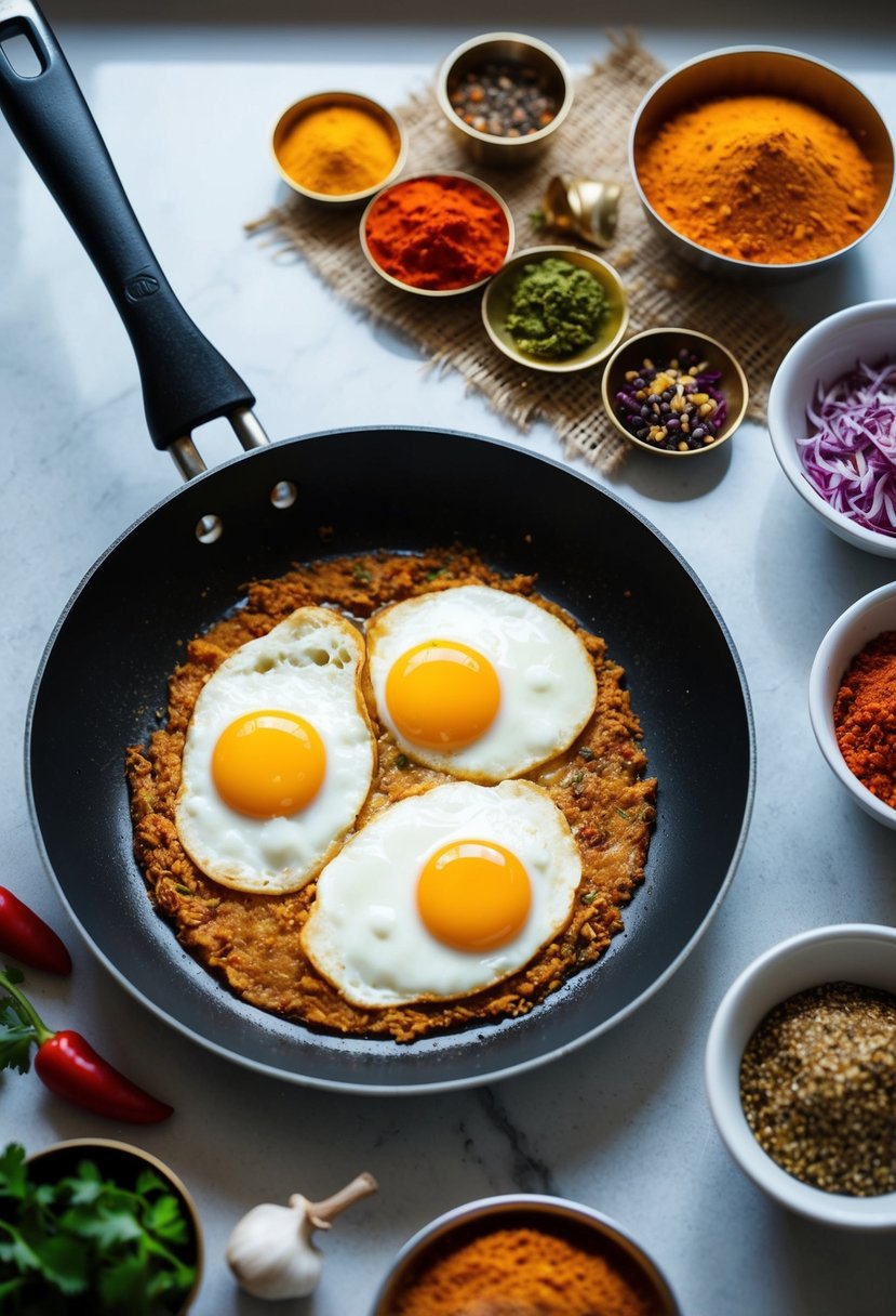 A sizzling pan with fried eggs, surrounded by colorful Indian spices and ingredients