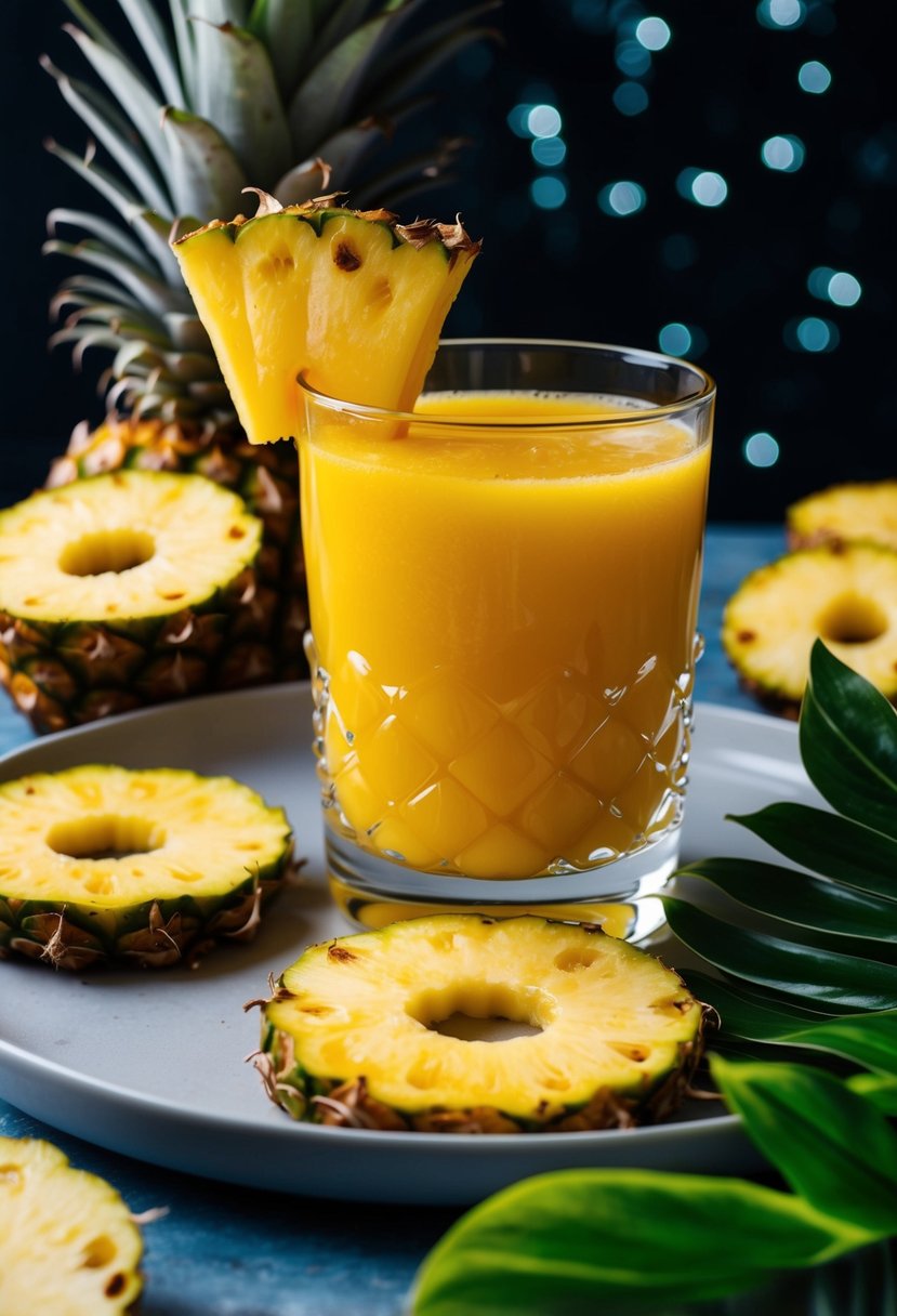 A glass filled with vibrant yellow pineapple juice, surrounded by fresh pineapple slices and tropical foliage