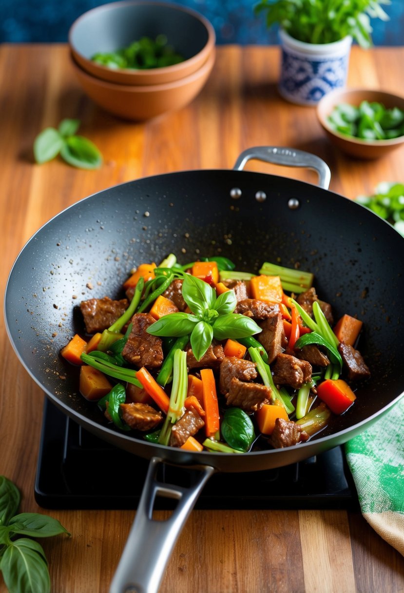 A sizzling wok of Spicy Thai Basil Beef with colorful vegetables and aromatic herbs