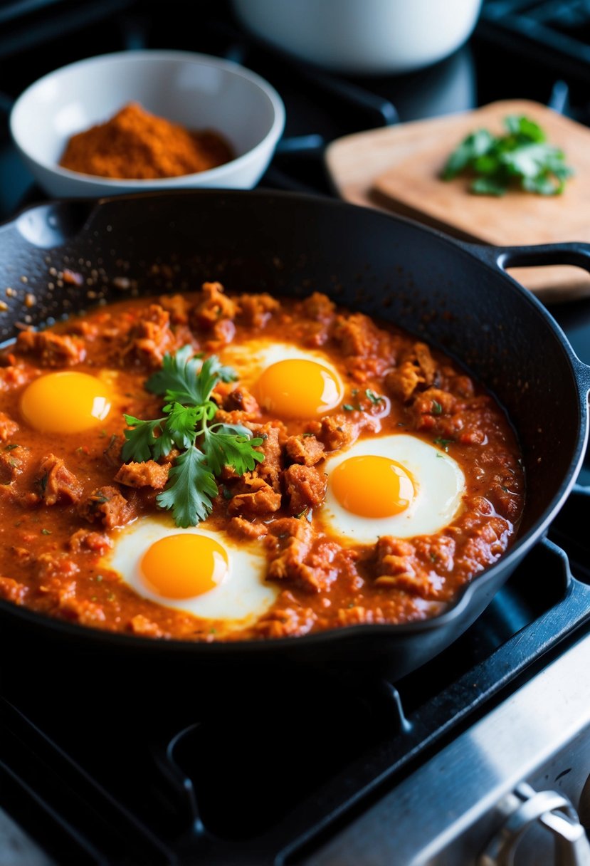 A cast-iron skillet filled with spiced tomato sauce, eggs, and aromatic Indian spices simmering on a stovetop