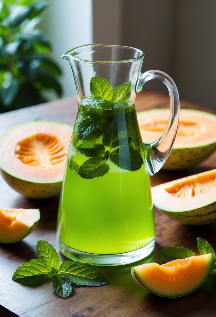 A glass pitcher filled with a vibrant green liquid surrounded by fresh mint leaves and sliced melon on a wooden table