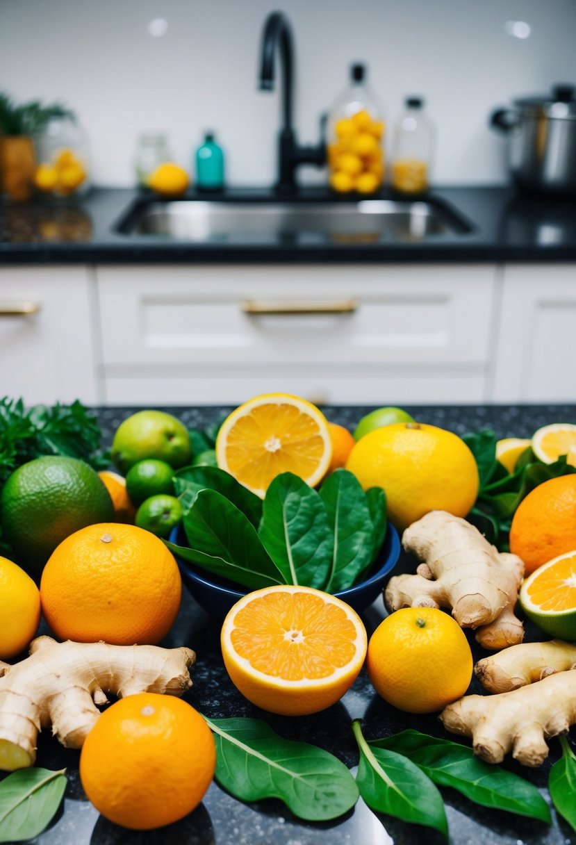 A colorful array of fresh ginger, citrus fruits, and leafy greens arranged on a kitchen counter