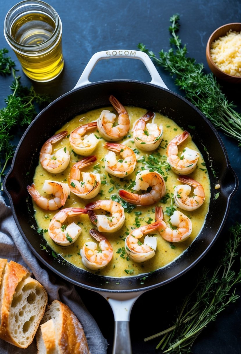 A sizzling skillet of creamy Tuscan garlic shrimp surrounded by fresh herbs and served with a side of crusty bread