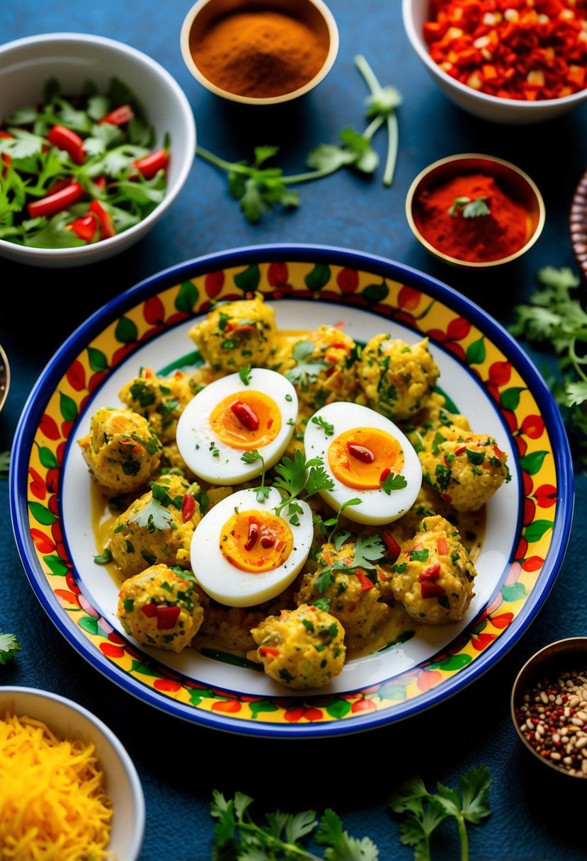 A colorful plate of Egg Chaat surrounded by vibrant Indian spices and garnished with fresh herbs