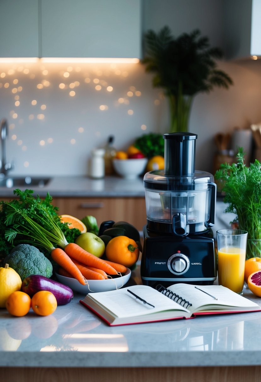 A kitchen counter with a variety of colorful fruits and vegetables, including carrots, alongside a juicer and recipe book