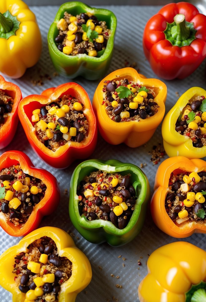 A colorful array of bell peppers, hollowed out and filled with a mixture of quinoa, black beans, corn, and spices, arranged on a baking sheet