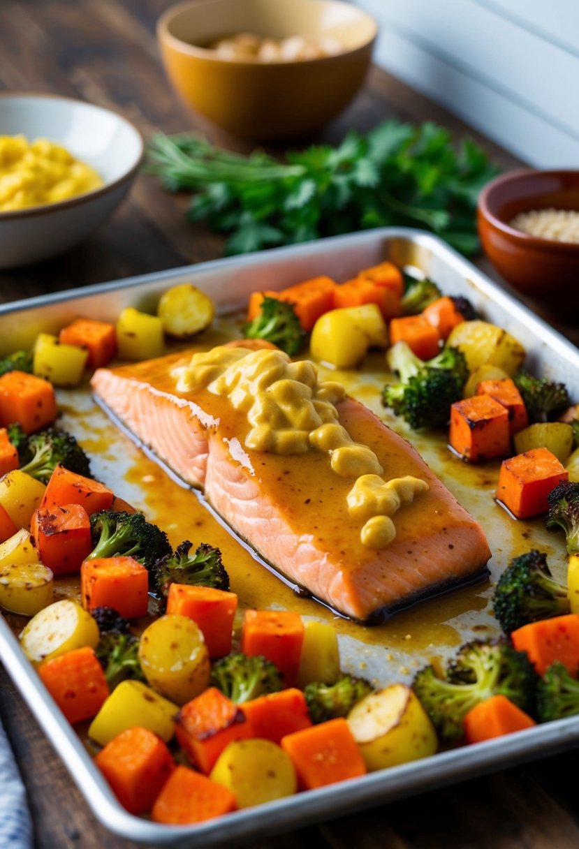 A sheet pan with honey mustard glazed salmon surrounded by colorful roasted vegetables