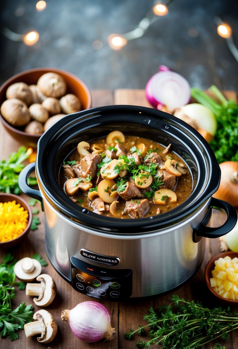 A slow cooker filled with beef stroganoff surrounded by fresh ingredients like mushrooms, onions, and herbs