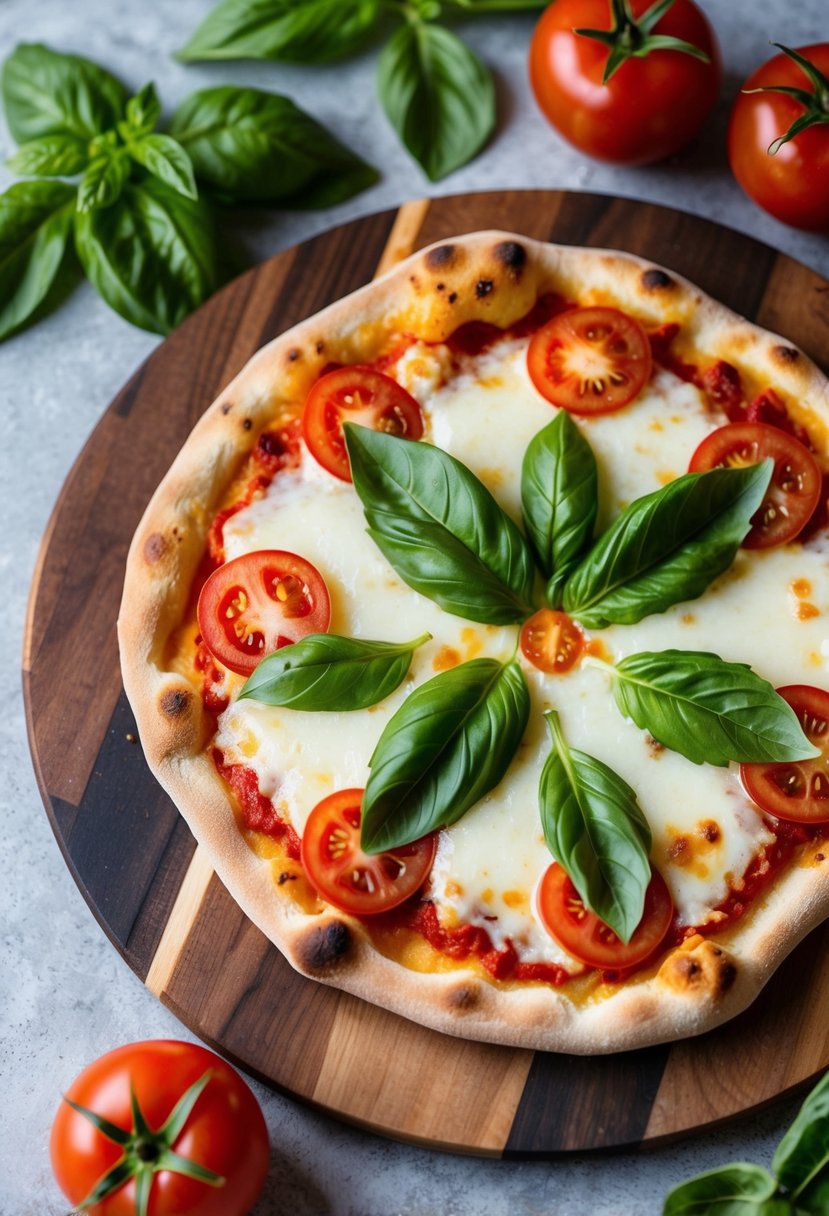 A fresh, classic Margherita pizza on a wooden cutting board, surrounded by vibrant basil leaves and bright red tomato slices, with melted cheese and a golden crust