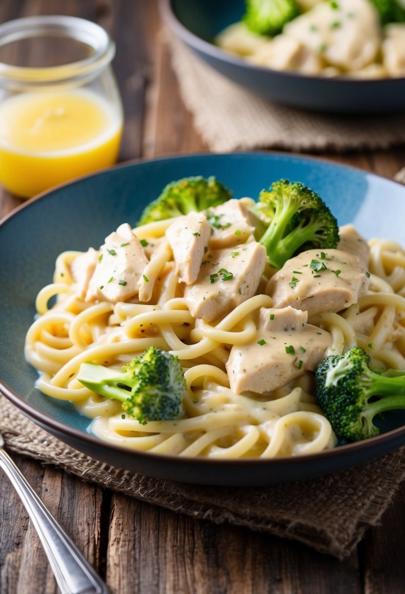 A steaming plate of creamy Chicken Alfredo with broccoli on a rustic wooden table