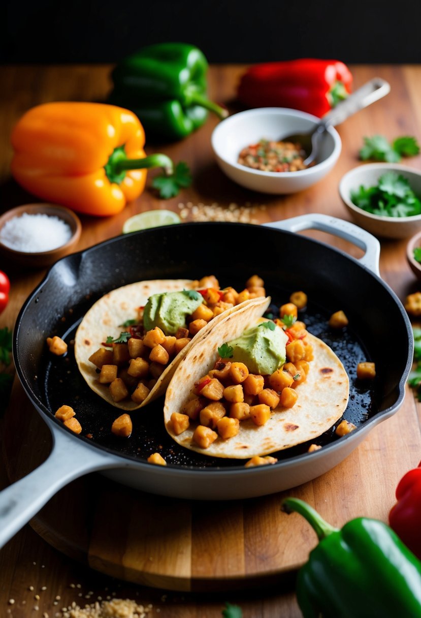 A sizzling skillet with chickpea tacos, surrounded by colorful peppers and spices