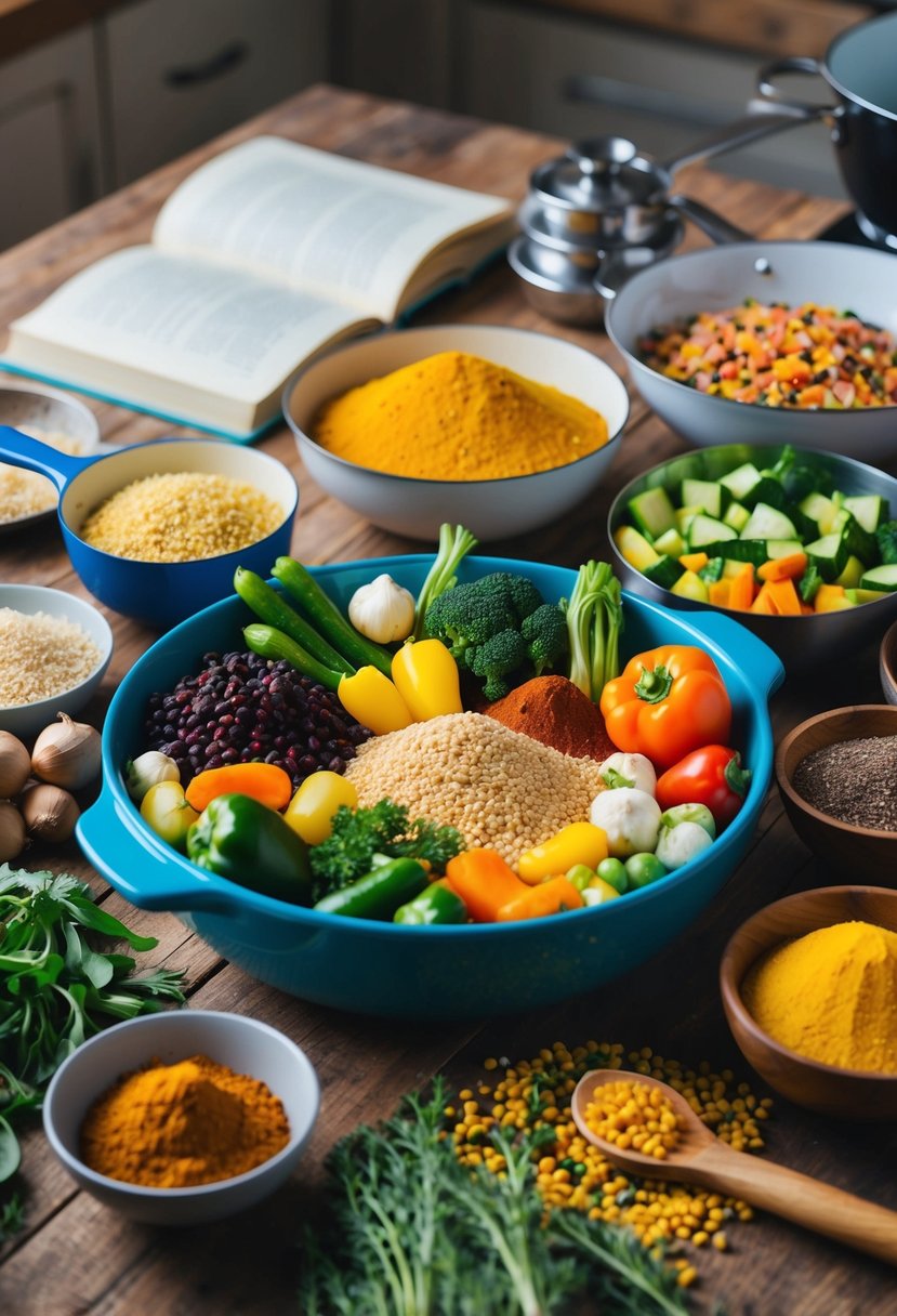 A table filled with colorful vegetables, grains, and spices, surrounded by cookware and recipe books