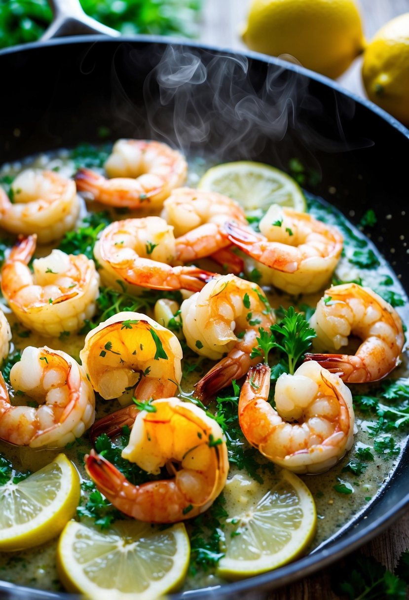 A sizzling skillet of garlic butter shrimp scampi, surrounded by fresh herbs and lemon slices, with steam rising from the dish