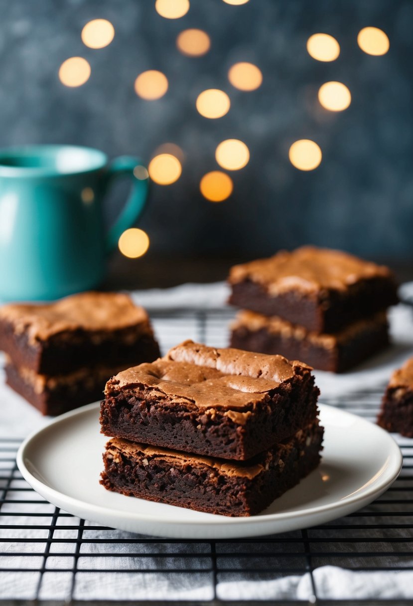 A plate of freshly baked fudgy brownies cooling on a wire rack