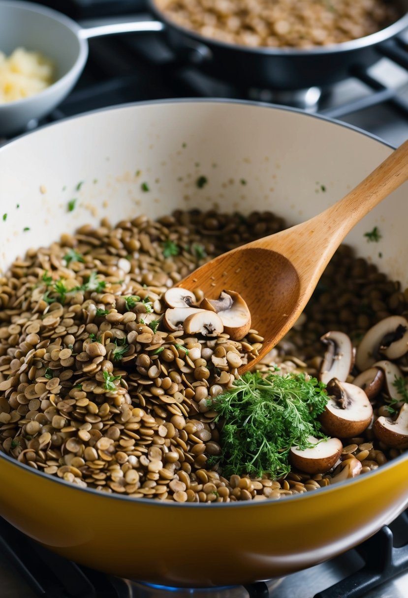 A wooden spoon mixing lentils, mushrooms, and herbs in a large mixing bowl. Onions and garlic sizzling in a skillet on the stove