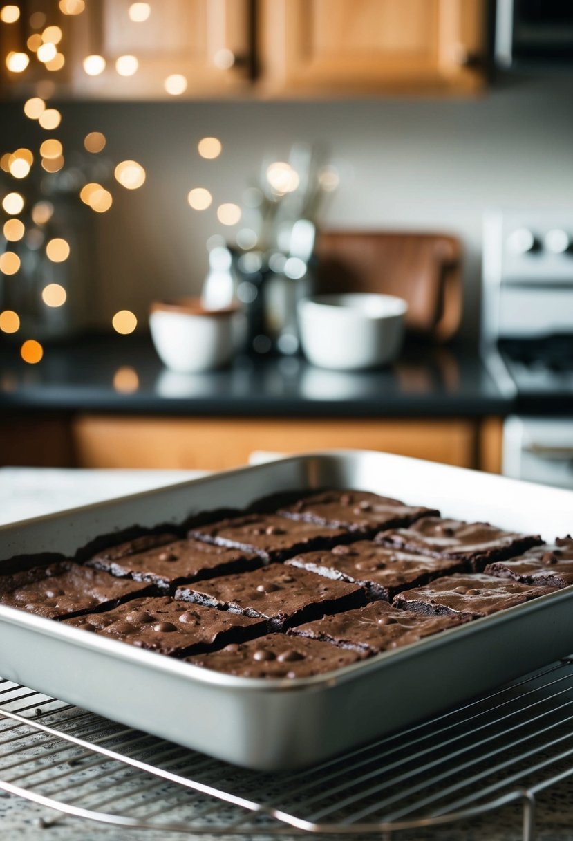 A pan of Oreo fudge brownies cooling on a wire rack, with a rich, chocolatey aroma filling the kitchen