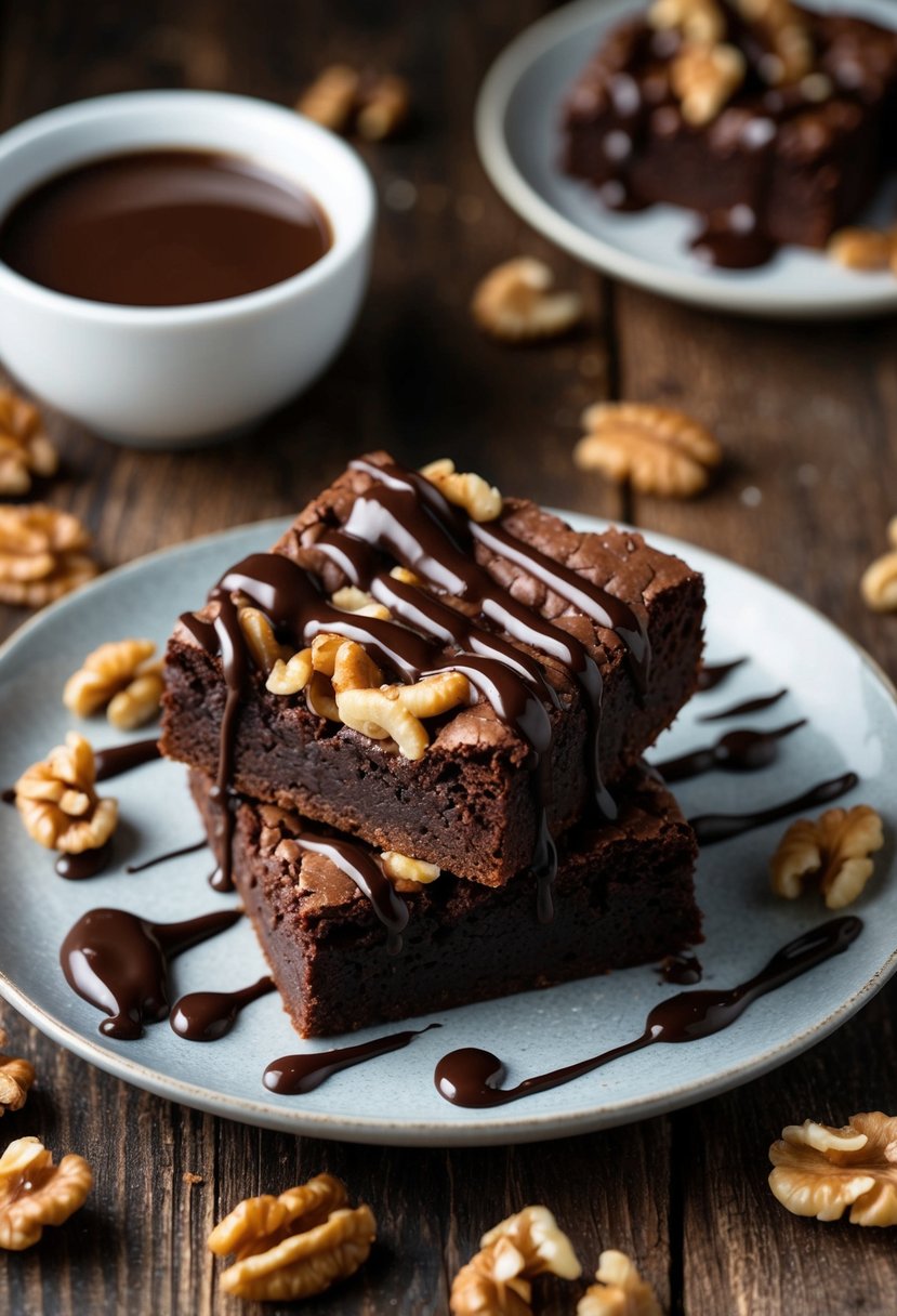 A decadent chocolate walnut brownie sits on a rustic wooden table, surrounded by scattered walnuts and a drizzle of chocolate sauce