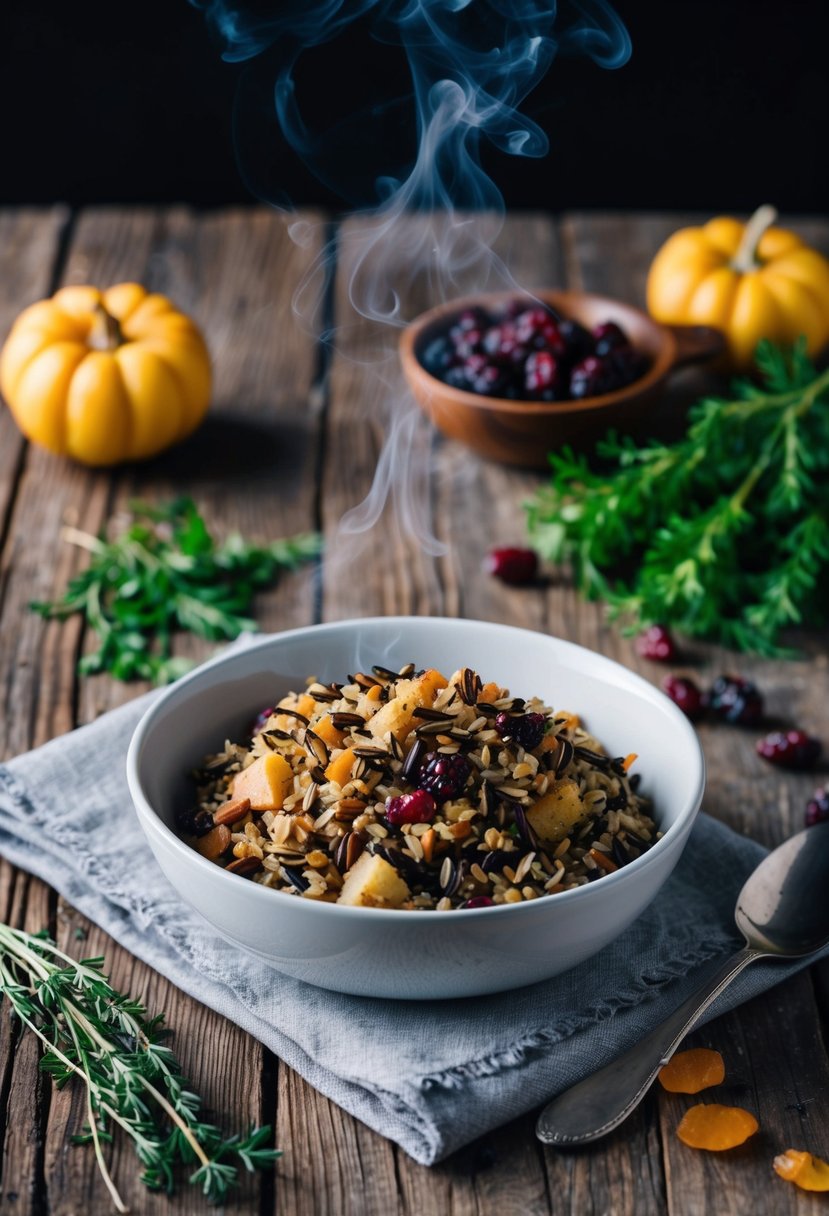 A rustic wooden table set with a steaming dish of wild rice and cranberry stuffing, surrounded by scattered ingredients like fresh herbs and dried fruit