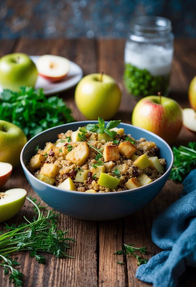 A rustic wooden table with a bowl of quinoa and apple stuffing surrounded by fresh ingredients like apples, herbs, and vegetables