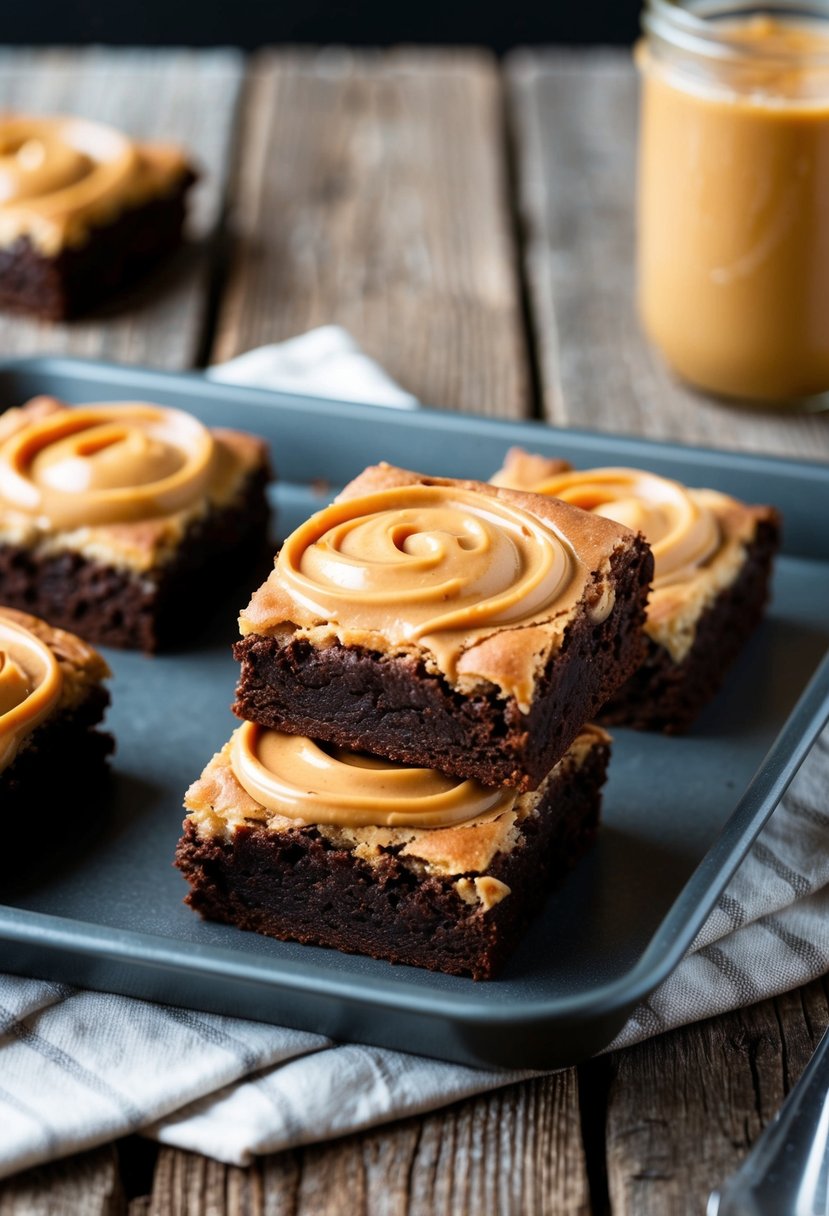 A pan of freshly baked fudgy brownies with a swirl of peanut butter on top, sitting on a rustic wooden table