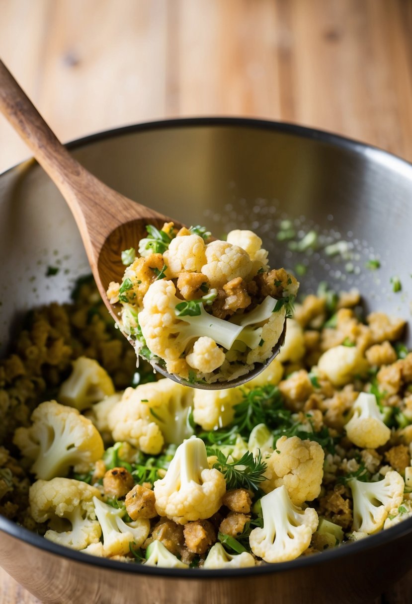 A wooden spoon mixing cauliflower and herb stuffing in a large mixing bowl