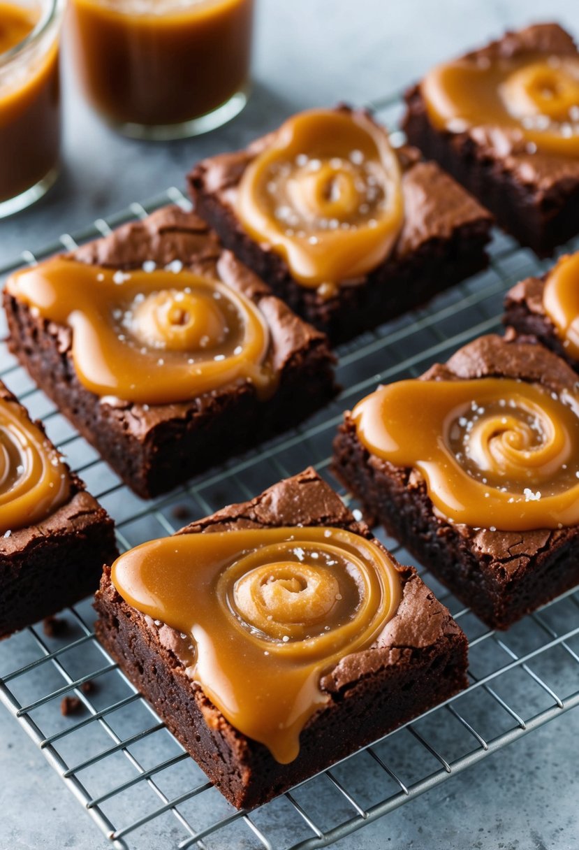 A pan of salted caramel fudgy brownies cooling on a wire rack. Rich, chocolatey squares with a gooey caramel swirl on top