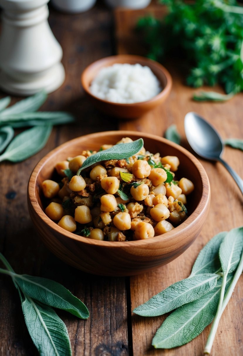 A wooden bowl filled with chickpea and sage stuffing, surrounded by fresh sage leaves and other ingredients on a rustic kitchen countertop