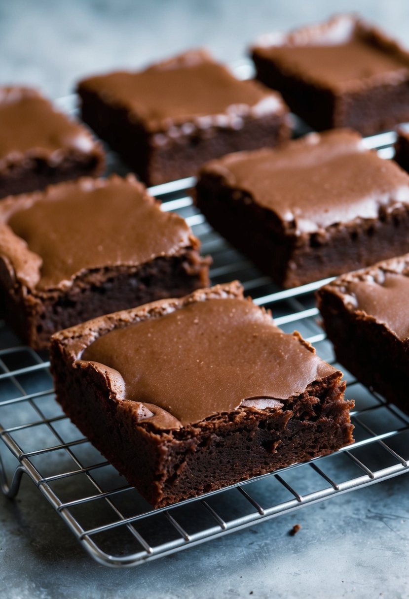 A tray of freshly baked espresso mocha brownies cooling on a wire rack. Rich, fudgy texture with a glossy chocolate glaze