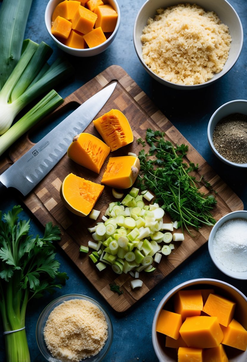 A cutting board with chopped butternut squash, leeks, and herbs, surrounded by bowls of breadcrumbs and vegan ingredients