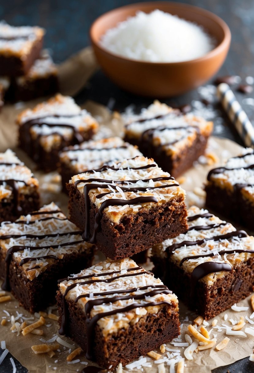 A pan of chewy coconut brownie squares surrounded by shredded coconut and chocolate drizzle