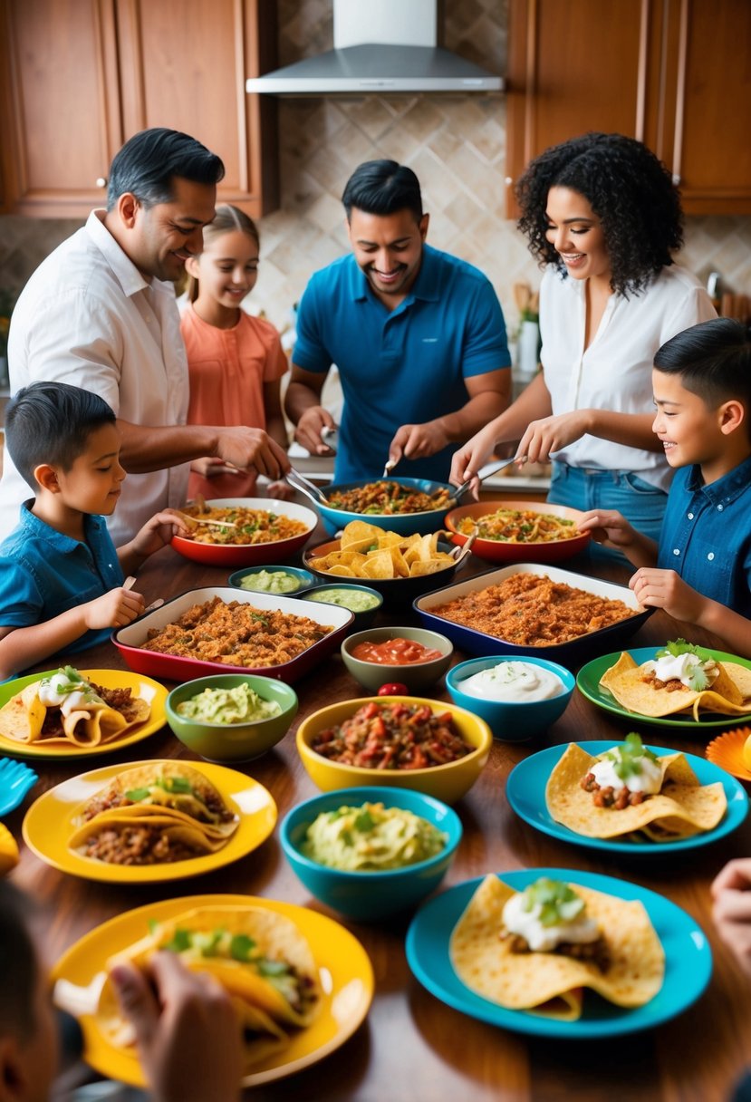 A family gathers around a table filled with colorful dishes of tacos, enchiladas, and guacamole. The kitchen is filled with the aroma of sizzling meat and spicy peppers