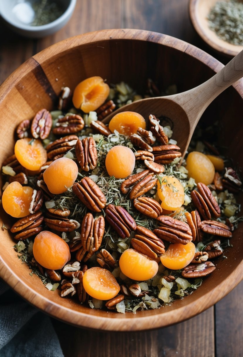 A wooden bowl filled with pecans, apricots, and various herbs and spices, ready to be mixed together for a vegan stuffing recipe