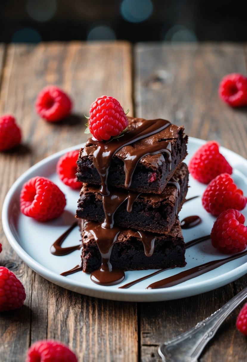 A plate of dark chocolate raspberry brownies surrounded by fresh raspberries and a drizzle of chocolate sauce on a rustic wooden table