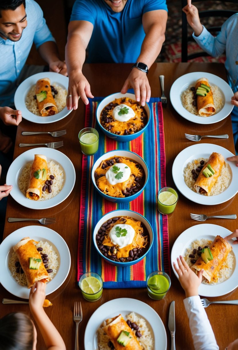 A table set with colorful chicken enchiladas, rice, and beans, surrounded by a family eagerly reaching for their plates