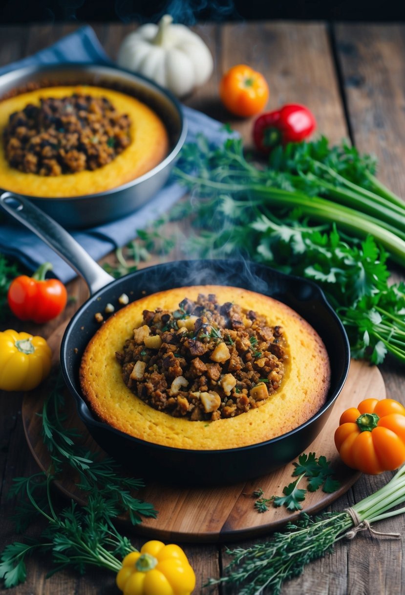 A rustic wooden table set with a steaming pan of vegan cornbread and walnut stuffing, surrounded by fresh herbs and colorful vegetables