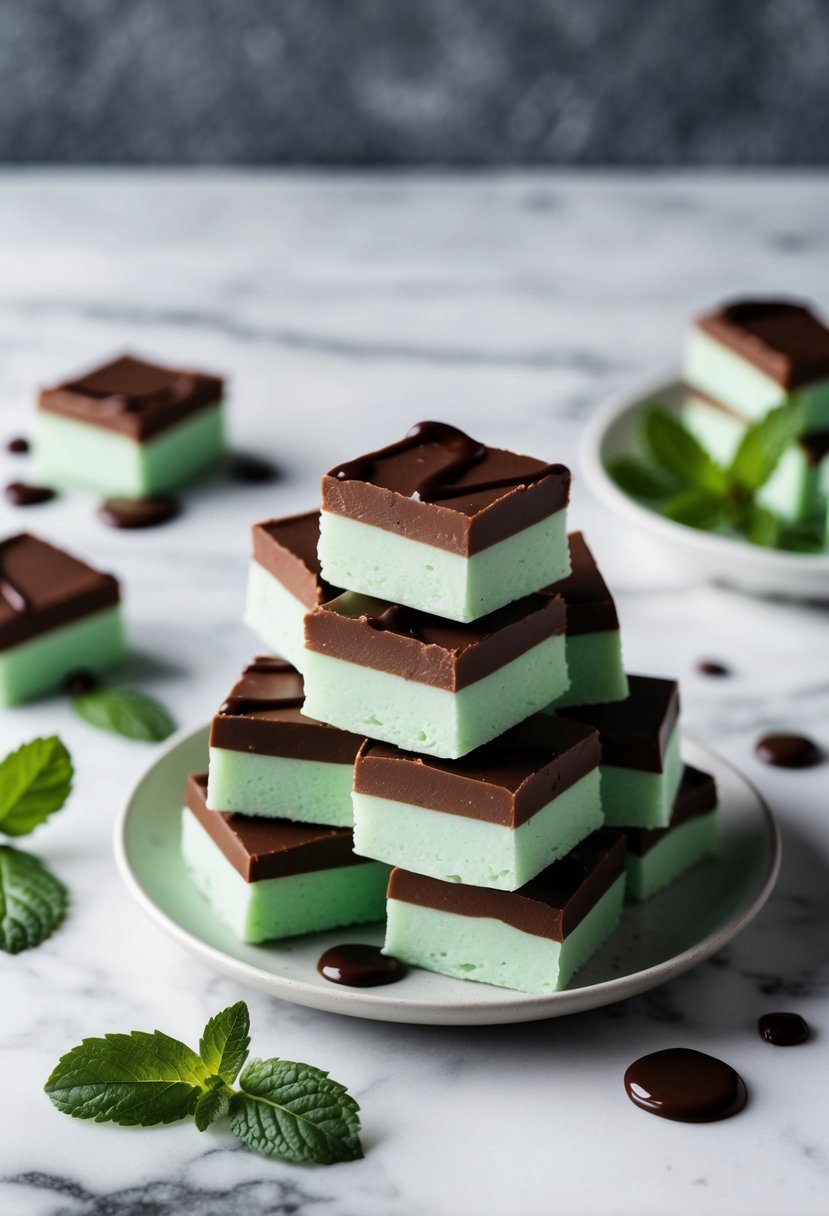 A platter of mint chocolate fudge squares on a marble countertop with scattered mint leaves and a drizzle of chocolate sauce