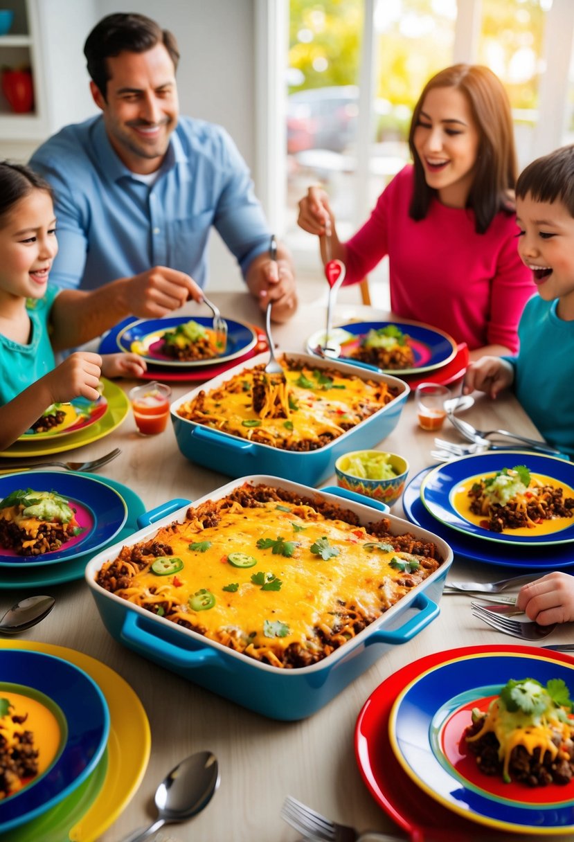 A table set with a steaming taco casserole surrounded by colorful plates and utensils. A family of four eagerly gathers around, ready to dig in