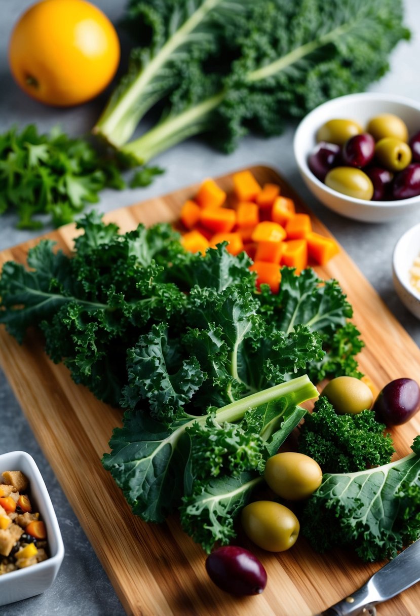 A cutting board with kale, olives, and various ingredients arranged for a vegan stuffing recipe